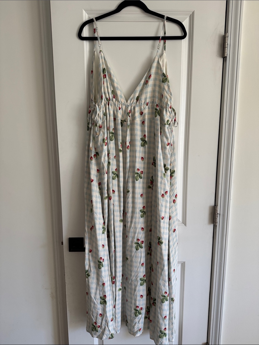 Spaghetti Strap Maxi Dress in Light Blue Gingham with Cherry Print
